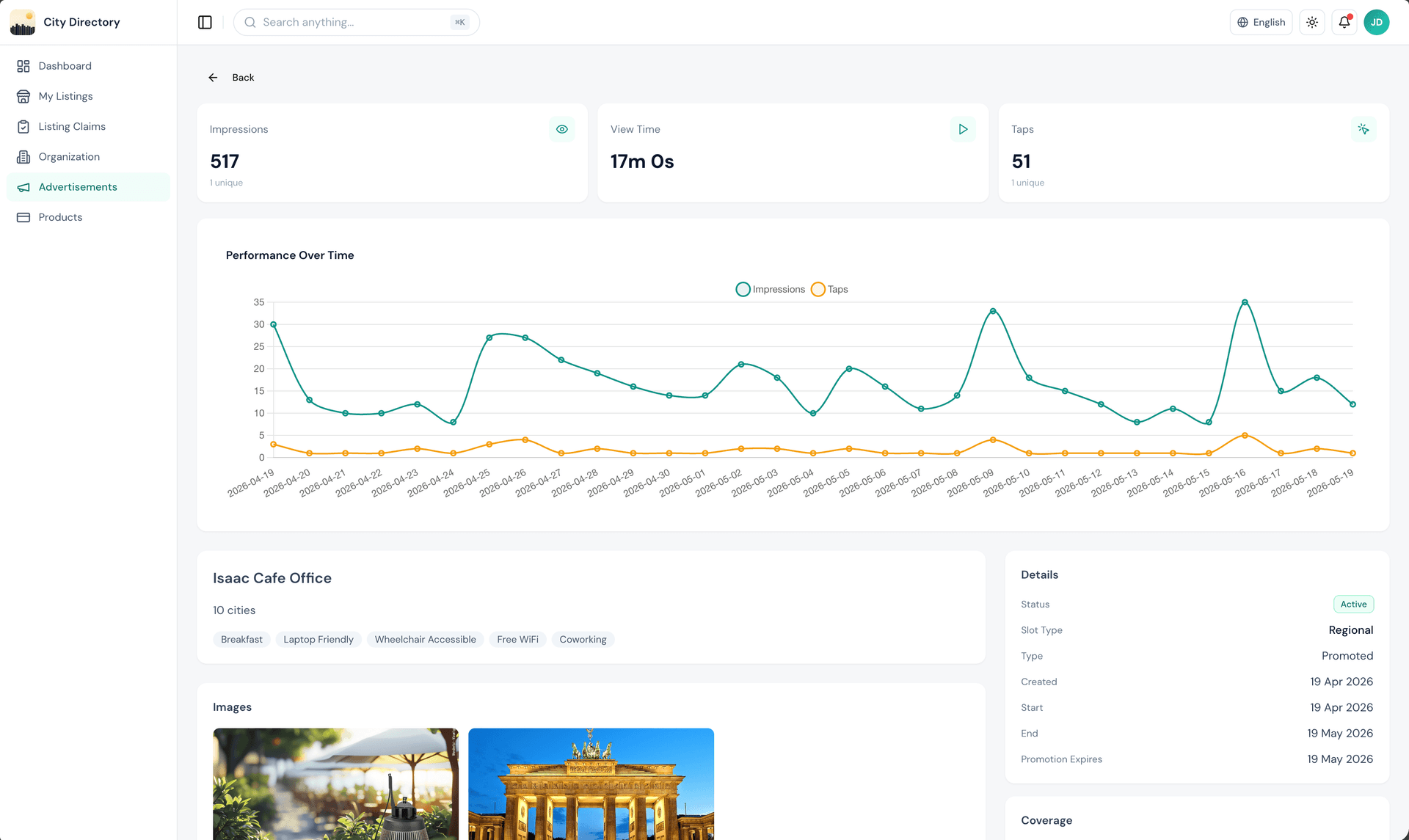 Ad performance analytics with impressions and taps